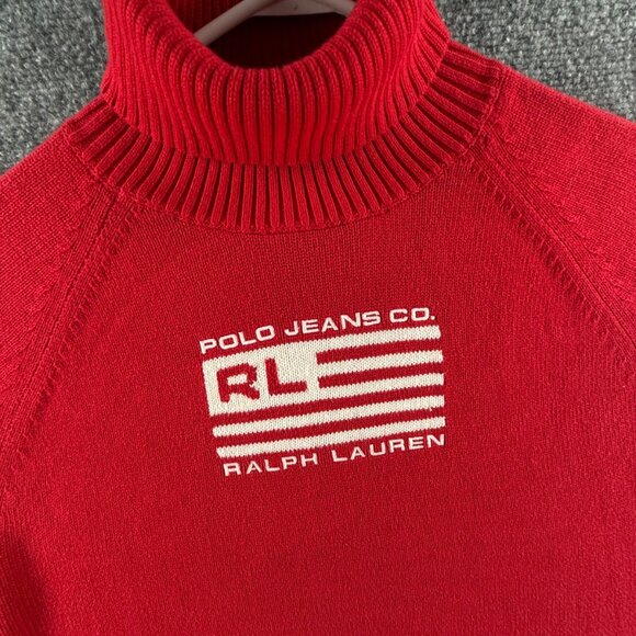 Ralph Lauren Polo Jeans Women Flag Sweater Red XL Turtleneck Knit Pullover USA - Picture 2 of 16